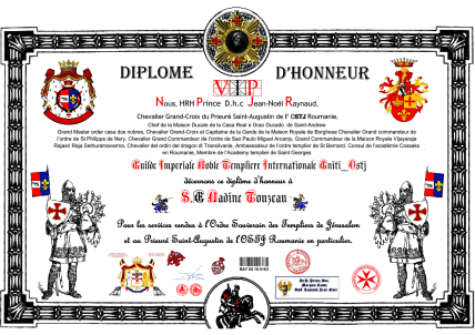 Décerné par le Prince D.H.C. Jean-Noël Raynaud, Guide Impérial des Nobles et Templiers Internationaux